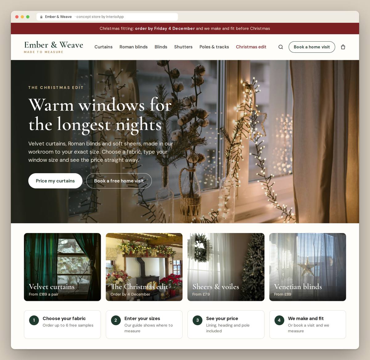 Ember & Weave concept store home page by InterioApp: a Christmas order deadline bar, a made to measure curtain hero with a Price my curtains button, and category tiles for velvet curtains, the Christmas edit, sheers and Venetian blinds