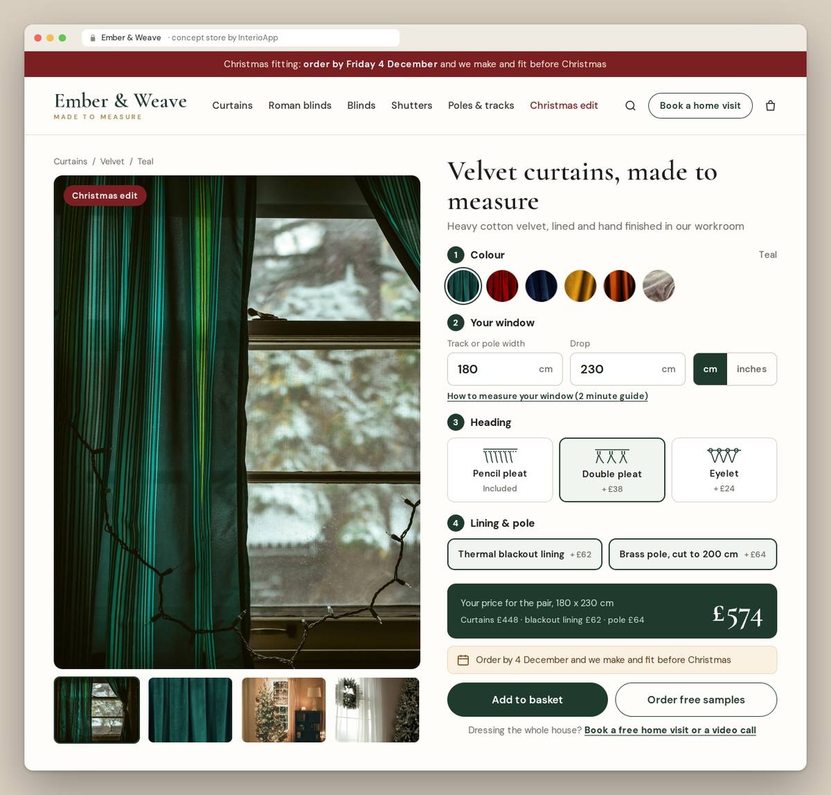 Made to measure velvet curtain calculator on the Ember & Weave concept store: colour swatches, width and drop in centimetres, heading options, blackout lining and a brass pole cut to 200 cm, with a live price of 574 pounds and a Christmas fitting date