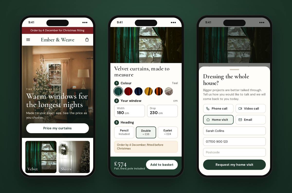 Three phone screens from the Ember & Weave concept store: the Christmas home page, the curtain calculator with a 574 pound price and an Add to basket button, and a form to request a phone call, video call, home visit or email for a bigger project