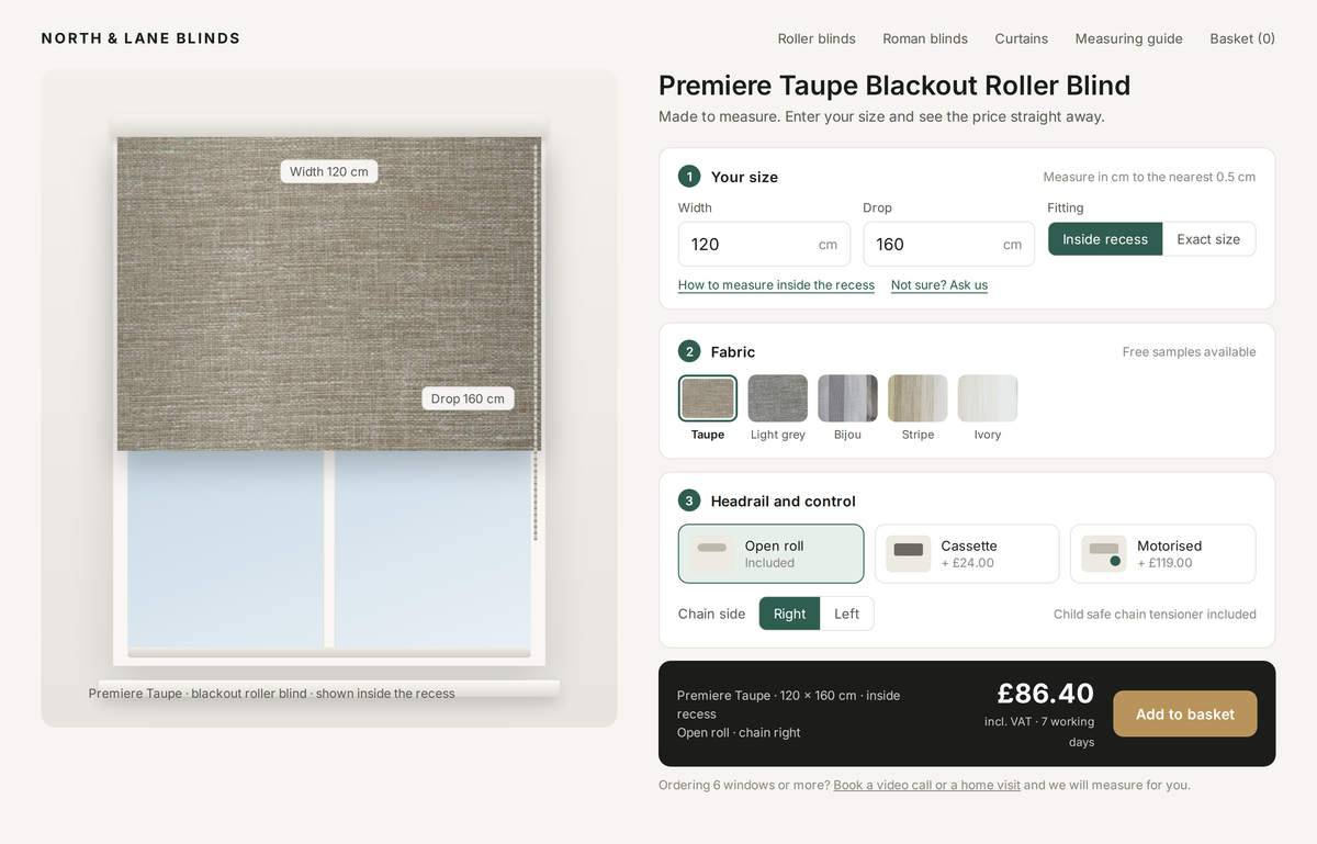 Made to measure roller blind calculator on a product page with real fabric swatches, size first, headrail options with prices and a running total