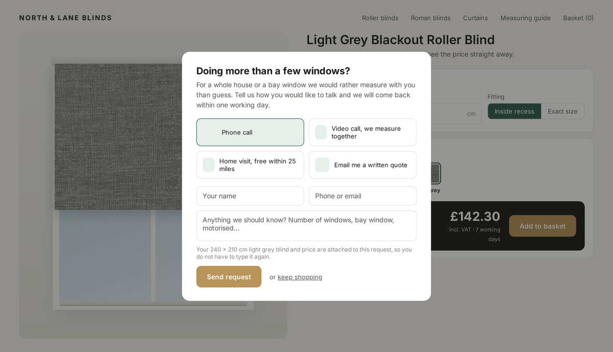 Popup on a blind product page offering a phone call, video call, home visit or written quote, with the chosen size and price attached