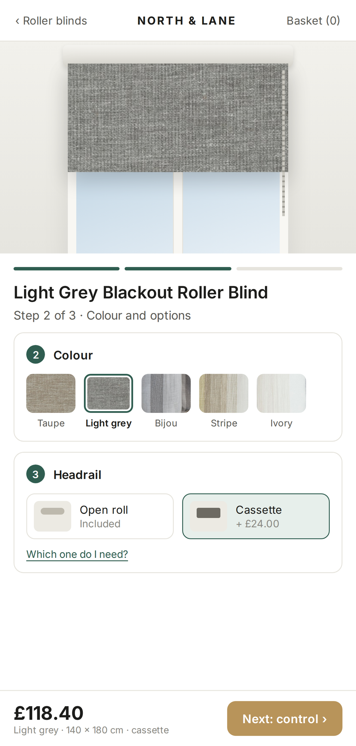 Mobile blind calculator, one step at a time with real fabric swatches and the price fixed at the bottom of the screen
