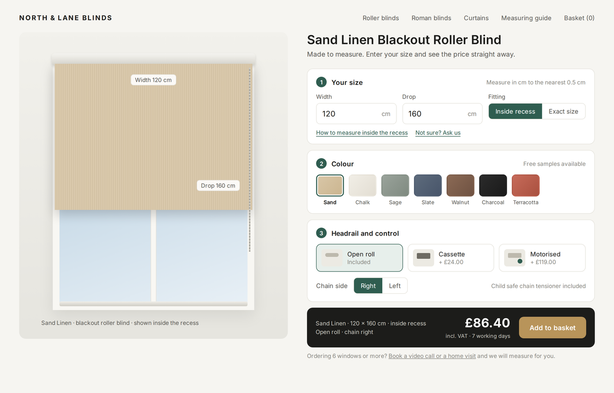 Guided steps blind calculator: size first, colour swatches, headrail options with pictures, price bar with add to basket