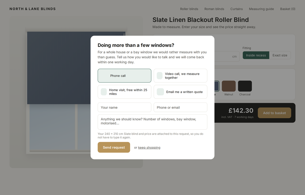 Popup for bigger projects: phone call, video call, home visit or written quote, with the size and price attached
