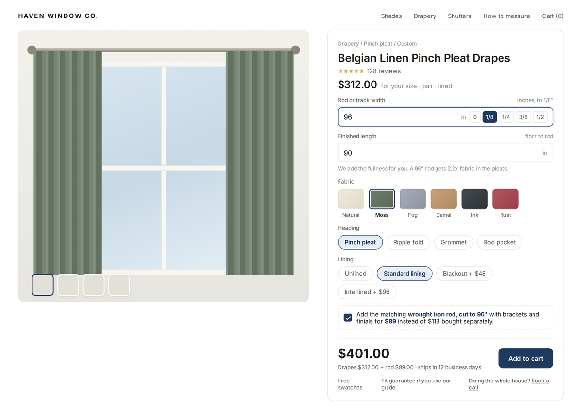 Compact calculator inside a classic product page, pinch pleat drapes priced in inches with a rod bundle