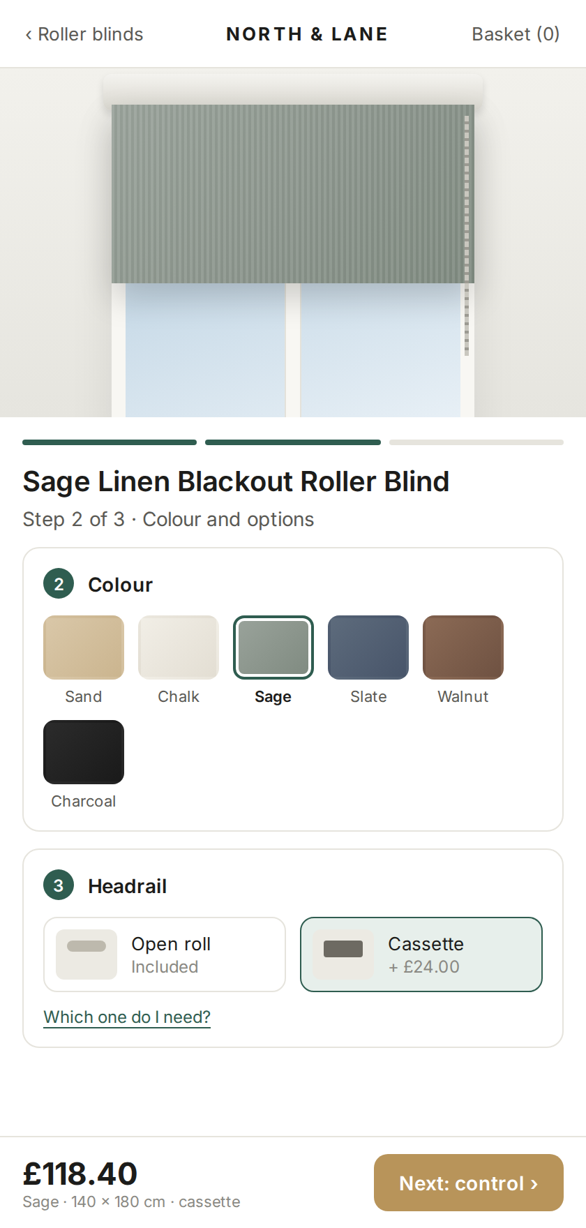Mobile blind calculator, one step per screen with the price pinned to the bottom