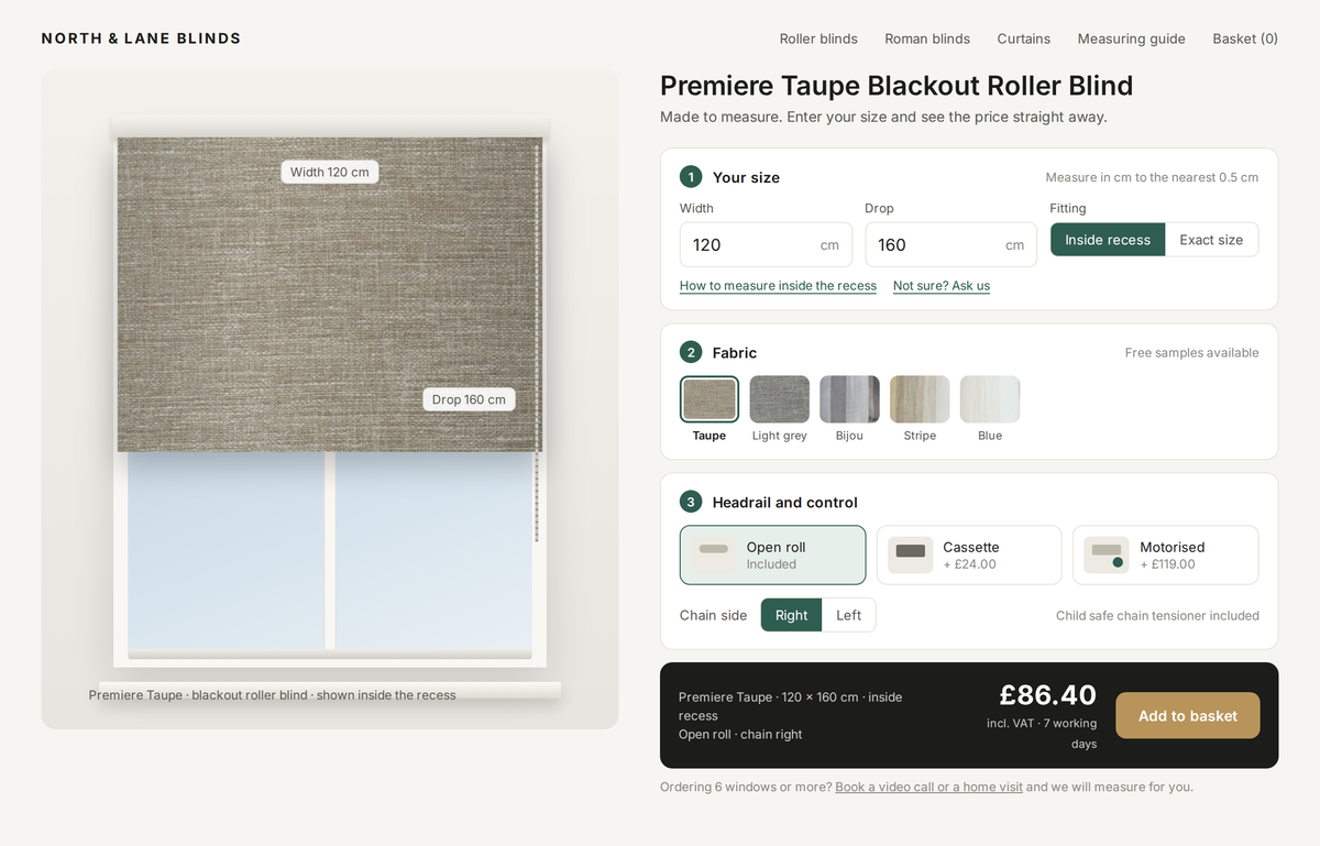 Guided steps blind calculator on a product page with real fabric swatches, size first, headrail options and a price bar