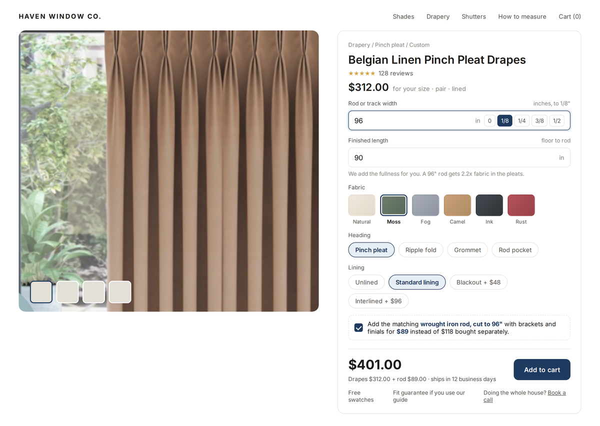 Compact curtain calculator inside a product page, inches to the eighth, fabric swatches, heading and lining pills, and a rod bundle at the total