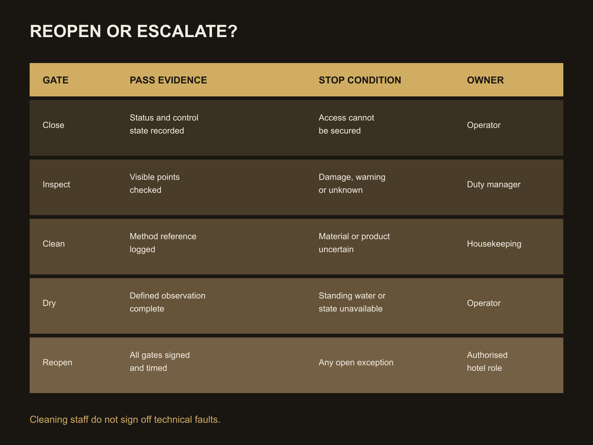 Decision matrix showing when a hotel sauna may reopen and when staff should escalate.