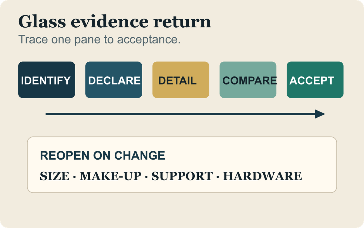 Glass interface return matrix connecting exact panes and hardware to evidence, conditions, gaps and acceptance.