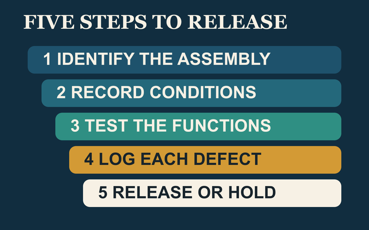 Editorial commissioning sequence showing identify, observe, test, record and release stages.