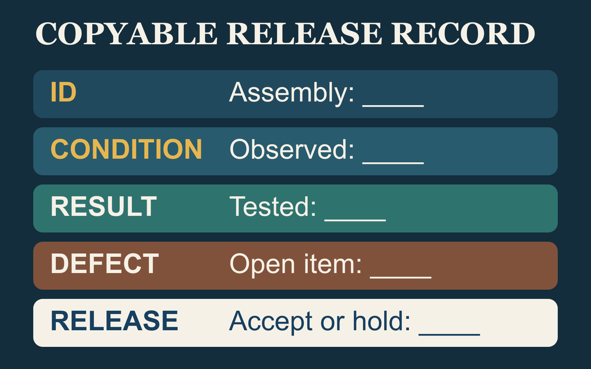 Five-line outdoor sauna commissioning release record for identity, condition, result, defect and acceptance.