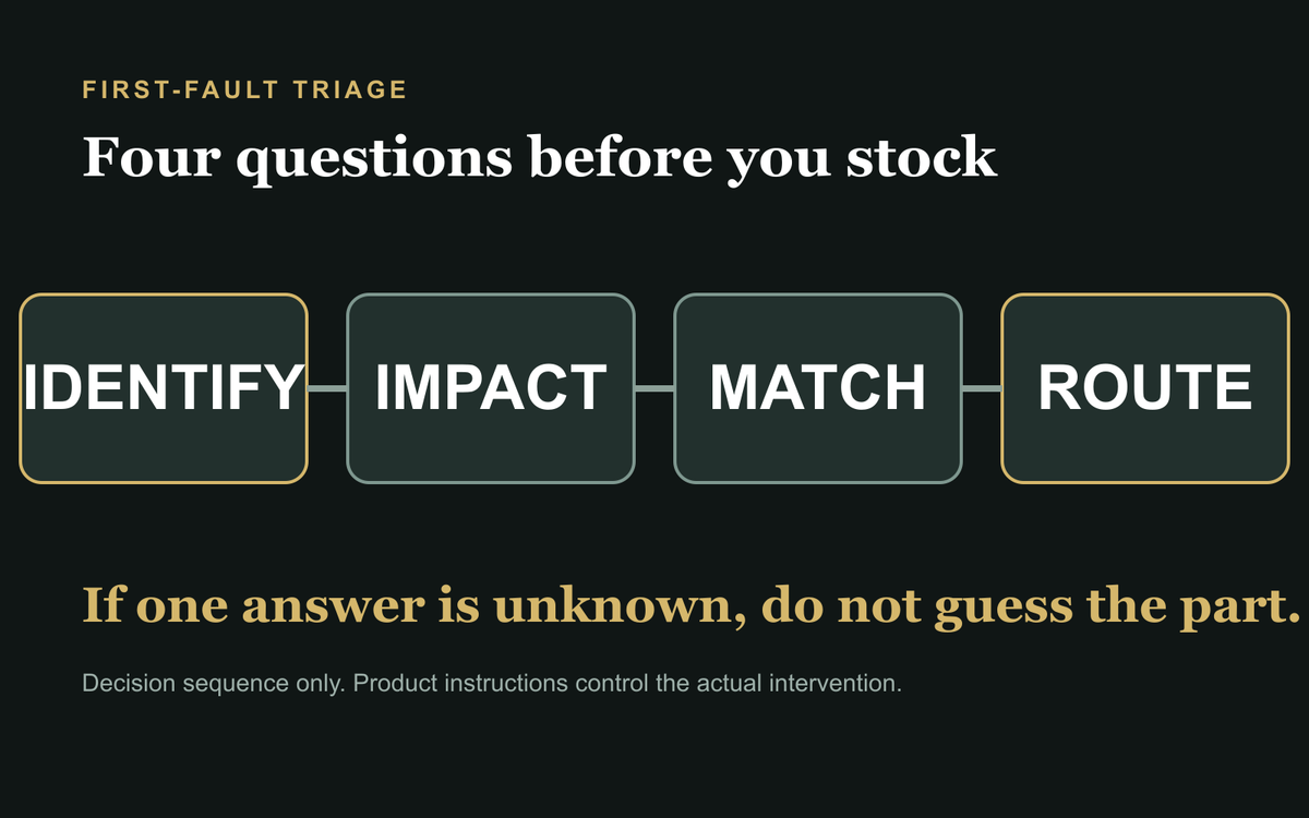 Four-step parts triage from asset identity to service impact, compatibility and supply path.