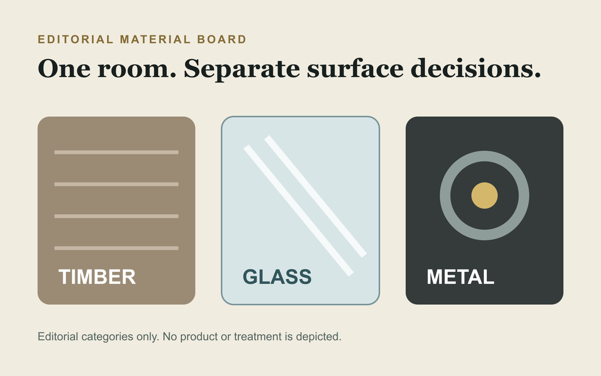 Editorial surface and cleaning-product cards separated by timber, glass and metal context.