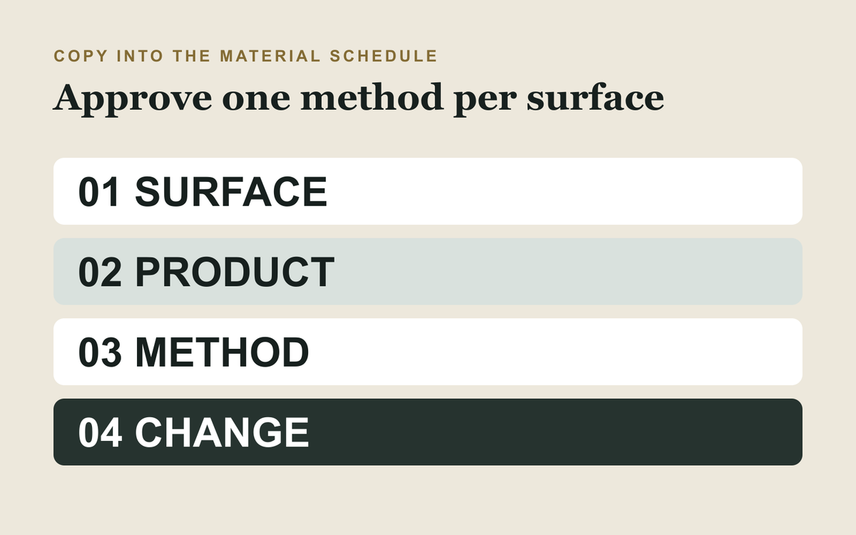 Four-line sauna surface approval card covering identity, cleaning product, method and change control.