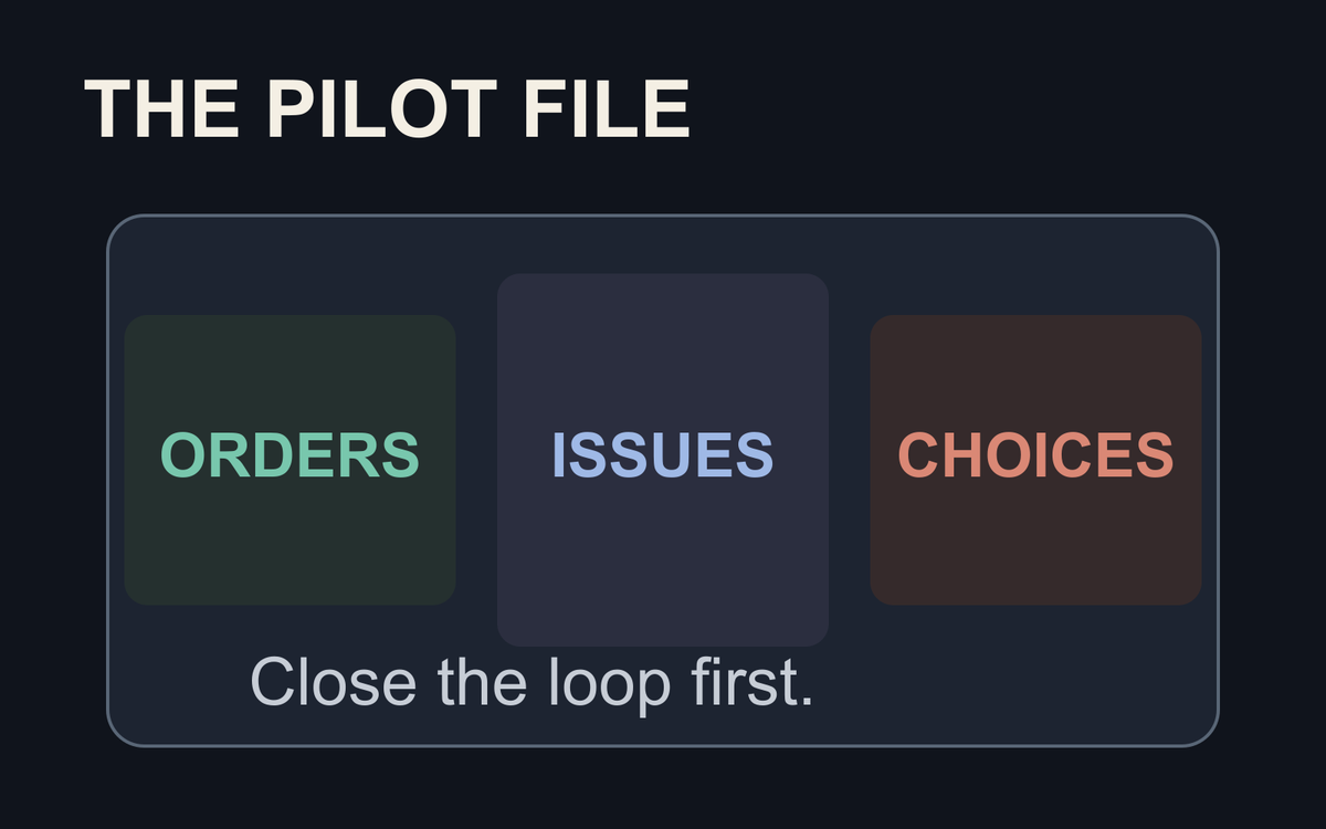 Editorial file showing Orders, Issues and Choices as three parts of a pilot review.