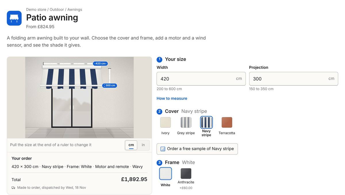 Inchy awning builder on a Shopify product page: a patio awning drawn at 420 by 300 cm with a navy stripe cover, width and projection fields with their limits, cover and frame choices, and a total of £1,892.95