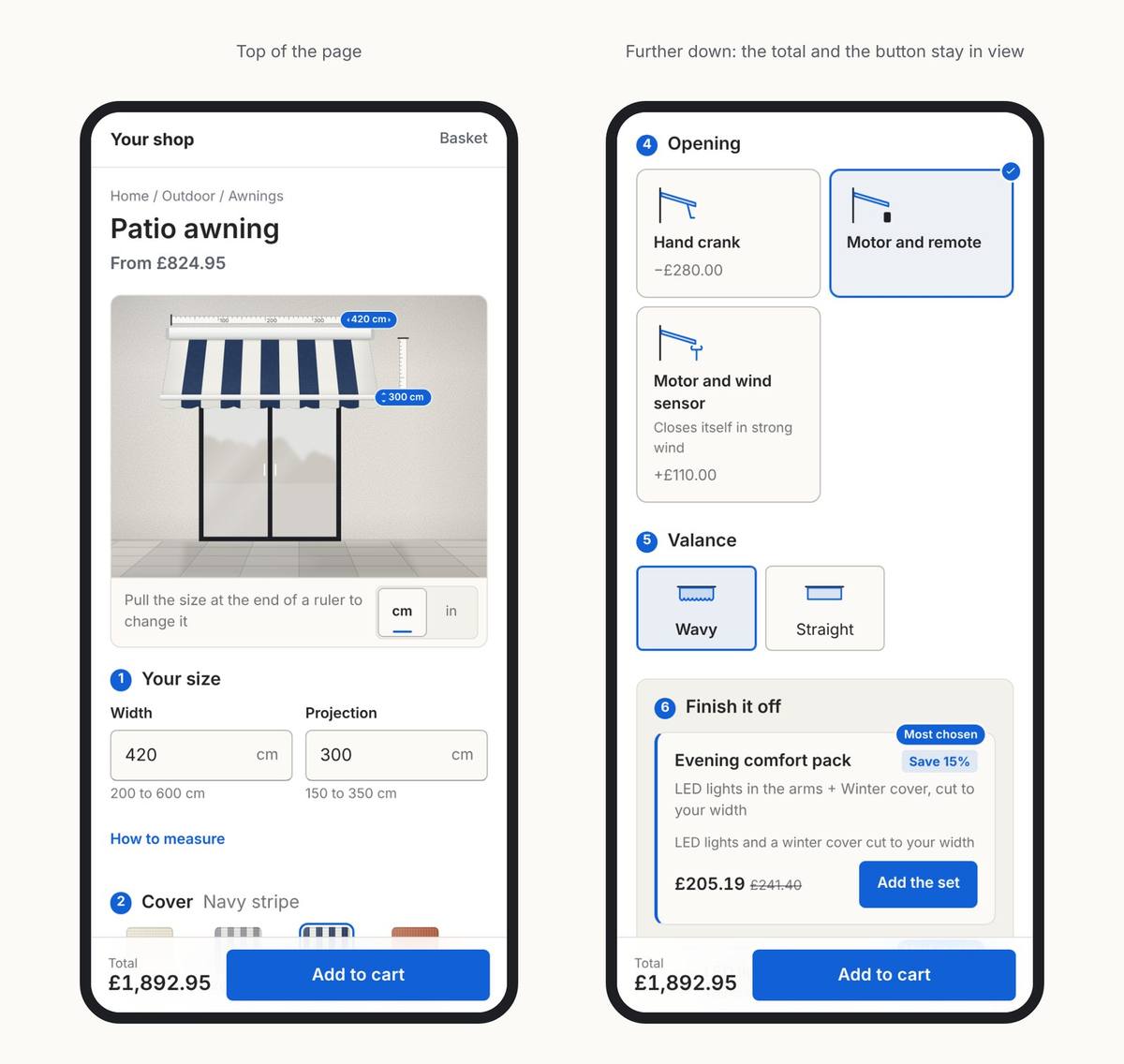 Two phone screens of the Inchy awning builder: the top of the page with the awning drawn at 420 by 300 cm, and further down the opening and add-on choices, with the total of £1,892.95 and the Add to cart button fixed at the bottom