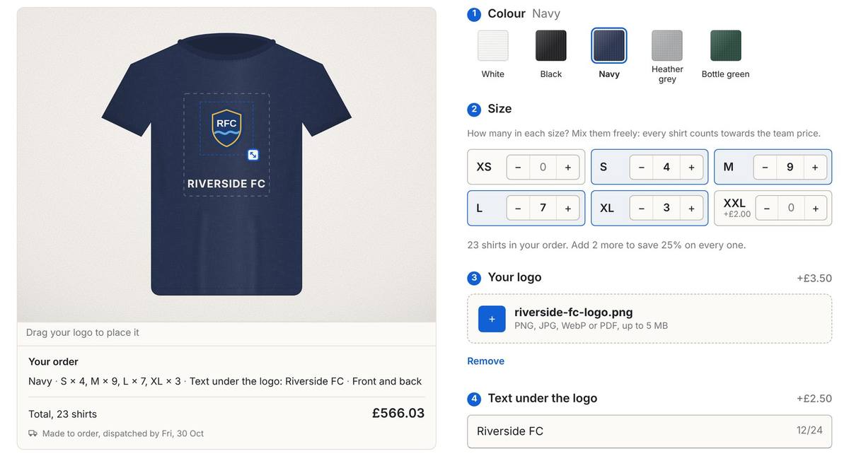 Inchy t-shirt builder: a navy shirt with the Riverside FC crest and name, and a size grid set to S 4, M 9, L 7 and XL 3, with the note 23 shirts in your order and a total of £566.03