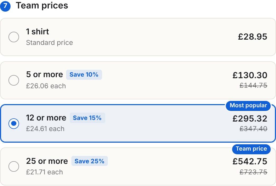 Team prices in the Inchy builder: 1 shirt £28.95, 5 or more save 10% at £26.06 each, 12 or more save 15% at £24.61 each, selected, and 25 or more save 25% at £21.71 each, with the full prices struck through
