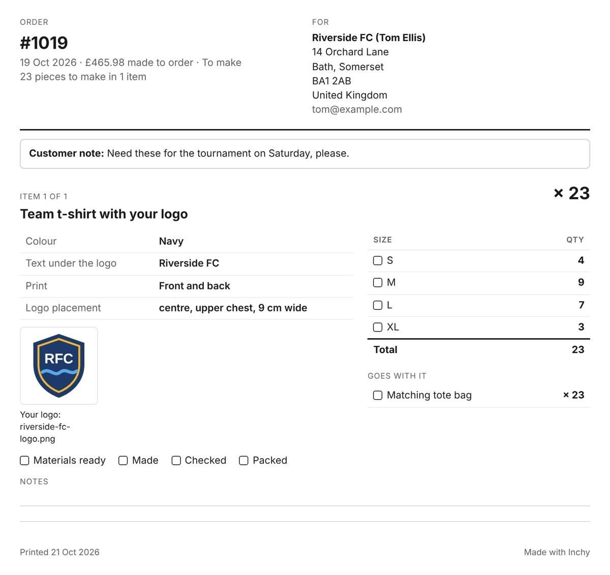 Inchy production sheet for order #1019: team t-shirt with your logo × 23, navy, Riverside FC under the logo, printed front and back, sizes S 4, M 9, L 7, XL 3 with tick boxes, the club logo file and a matching tote bag × 23