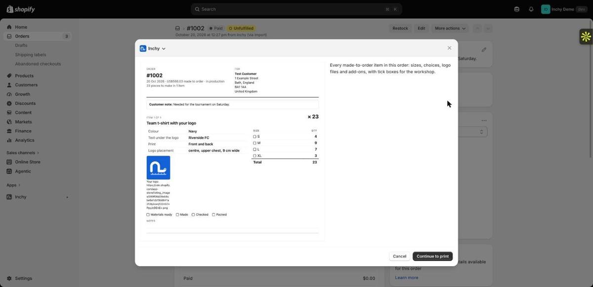 Shopify order #1002 with Shopify's Print window open and the Inchy production sheet chosen, previewing a team t-shirt order of 23 shirts with sizes S 4, M 9, L 7 and XL 3