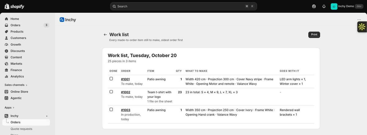 Inchy daily work list in Shopify: 25 pieces in 3 items, with a patio awning at 420 by 300 cm, a team t-shirt order of 23 and a patio awning at 350 by 250 cm, each with its stage, sizes, choices and add-ons