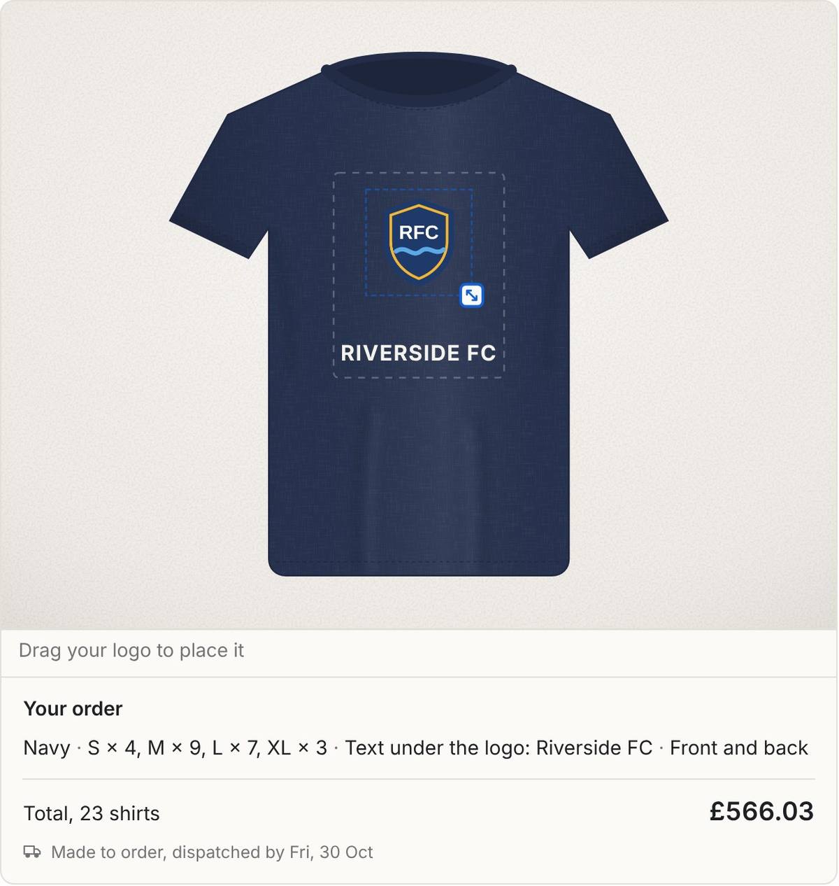 Navy t-shirt in the Inchy builder with an uploaded Riverside FC crest inside a marked print area and the text RIVERSIDE FC under it, above an order summary of S × 4, M × 9, L × 7, XL × 3, printed front and back, total £566.03 for 23 shirts