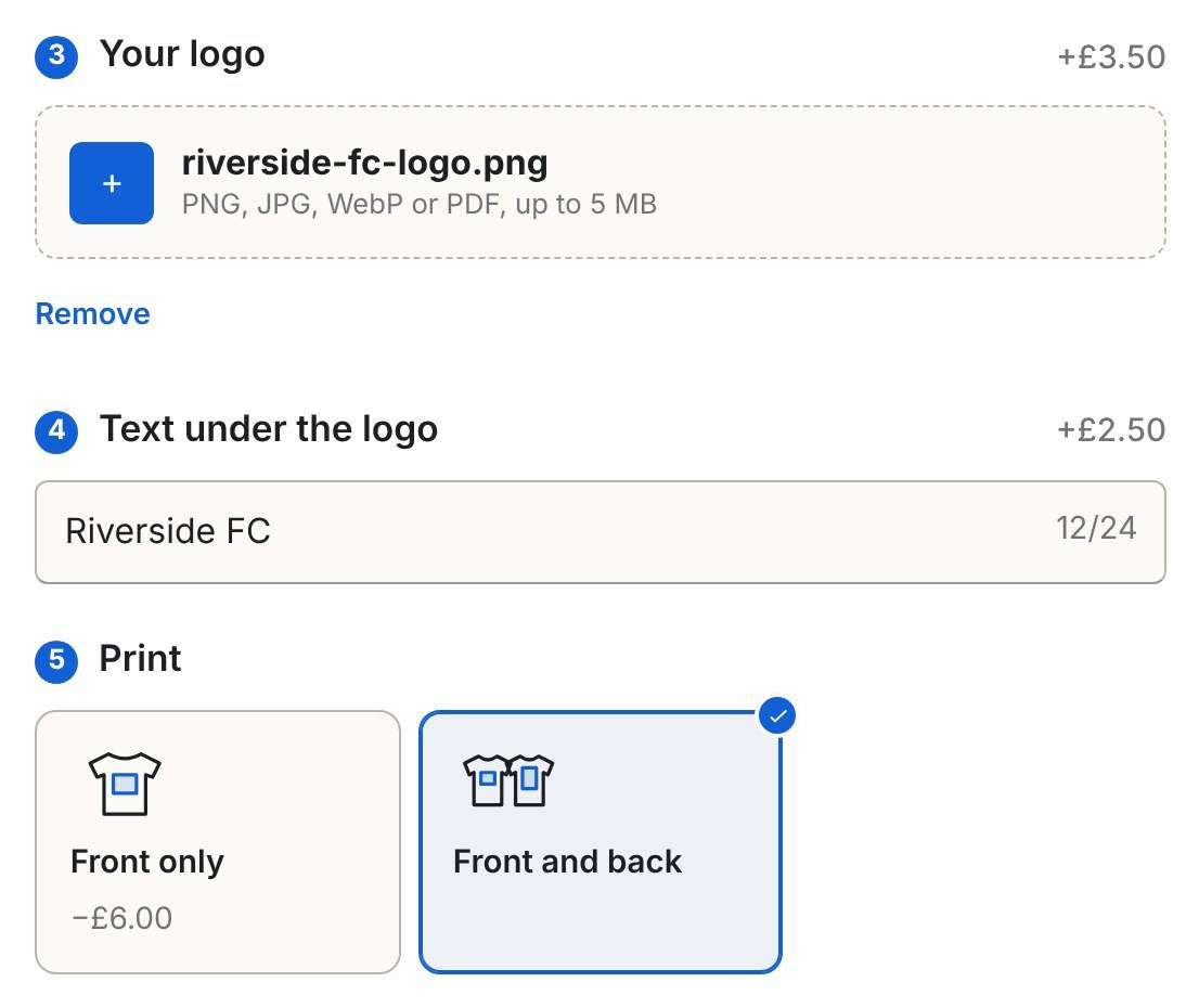 Inchy builder steps: Your logo with the file riverside-fc-logo.png uploaded and a Remove link, Text under the logo with Riverside FC typed and a 12 of 24 character count, and Print with Front only and Front and back cards