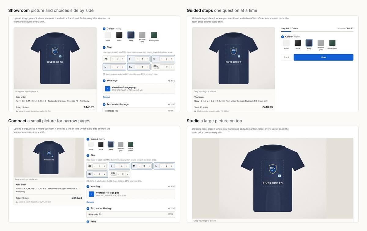 The same Inchy t-shirt builder in four looks: Showroom with picture and choices side by side, Guided steps with one question at a time, Compact with a small picture for narrow pages, and Studio with a large picture on top