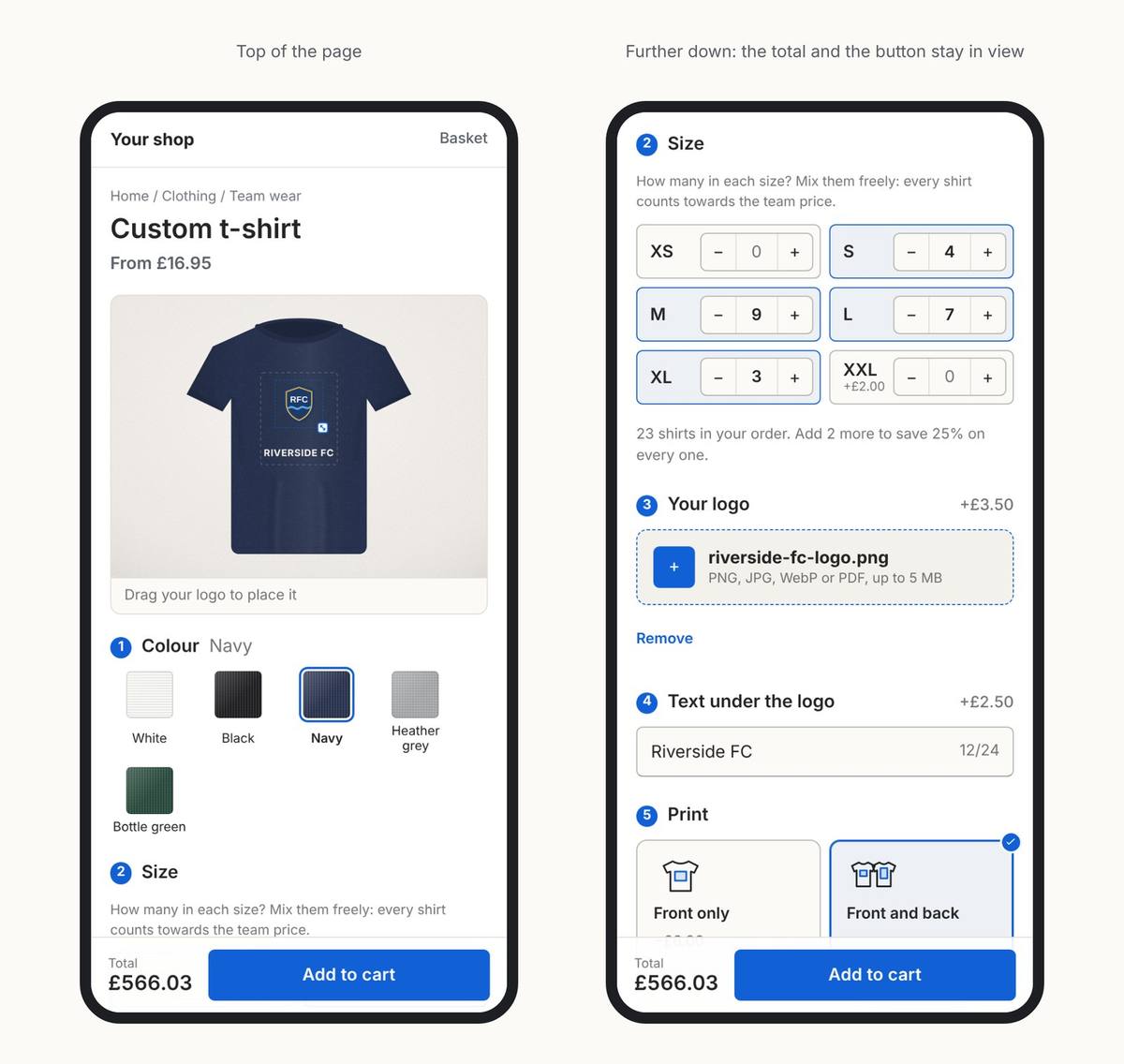 Two phone screens of the Inchy t-shirt builder: the top of the page with the navy shirt and Riverside FC crest, and further down the size grid, logo upload and text steps, with the total of £566.03 and the Add to cart button fixed at the bottom