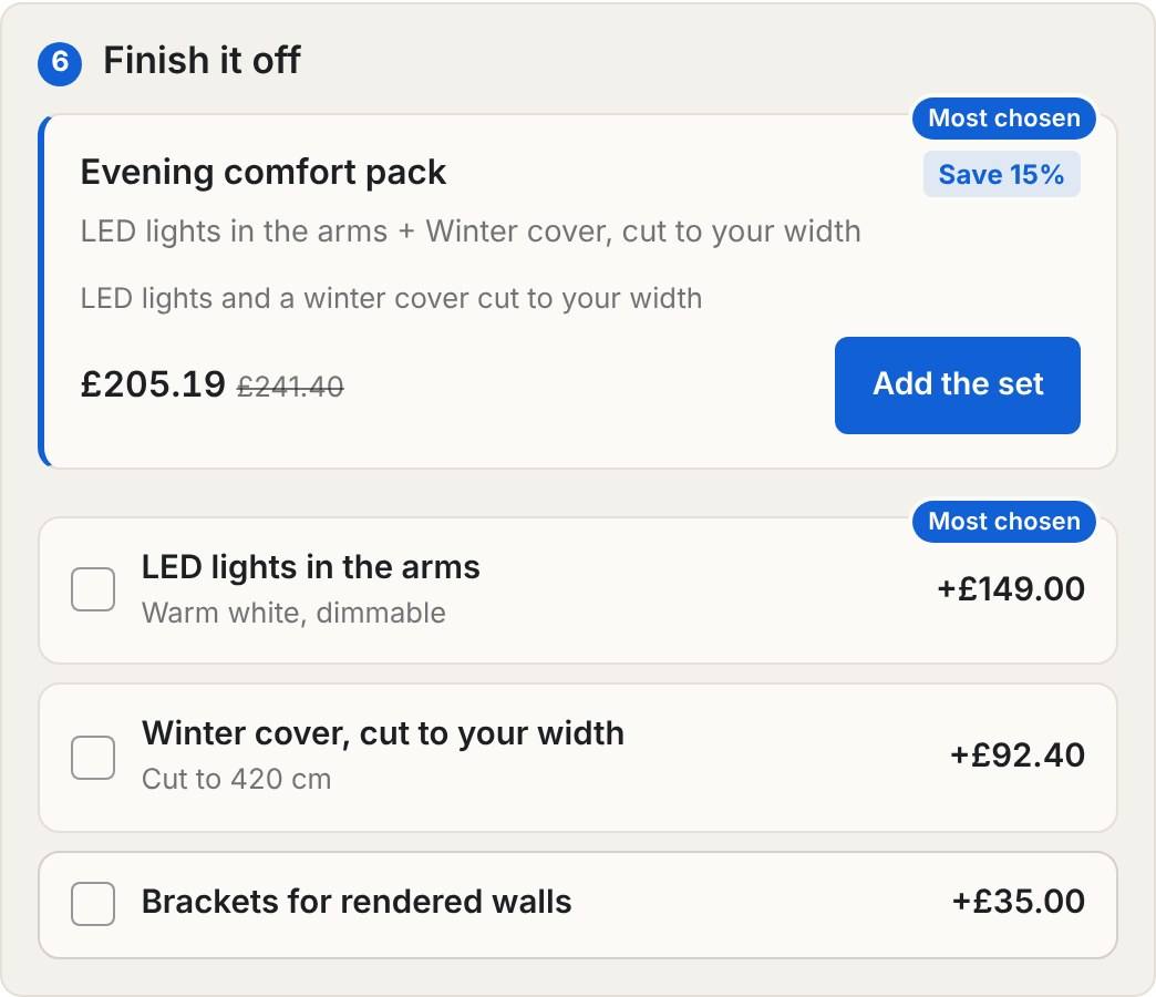 Finish it off step of the Inchy awning builder at 420 cm wide: Evening comfort pack £205.19 instead of £241.40, LED lights in the arms £149.00, winter cover cut to 420 cm £92.40, and brackets for rendered walls £35.00