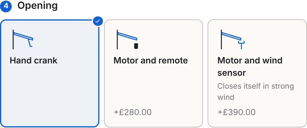 Opening step of the Inchy awning builder with three cards: Hand crank selected, Motor and remote +£280.00, and Motor and wind sensor +£390.00 with the note Closes itself in strong wind