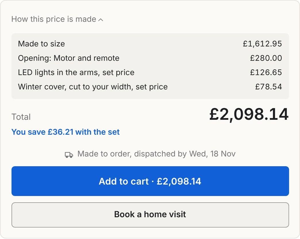 Price breakdown in the Inchy awning builder: made to size £1,612.95, motor and remote £280.00, LED lights set price £126.65, winter cover set price £78.54, total £2,098.14, you save £36.21 with the set