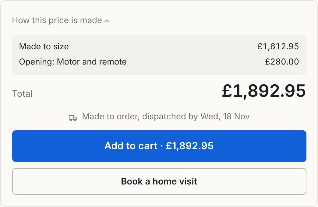 Inchy price box for an awning: how this price is made, made to size £1,612.95 and opening motor and remote £280.00, total £1,892.95, made to order and dispatched by Wednesday 18 November, and an Add to cart button showing £1,892.95