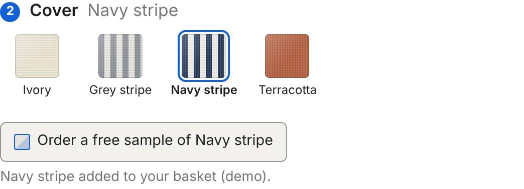 Cover step of the Inchy awning builder with four swatches, Ivory, Grey stripe, Navy stripe and Terracotta, Navy stripe picked, a sample button naming Navy stripe under them and the note Navy stripe added to your basket (demo)