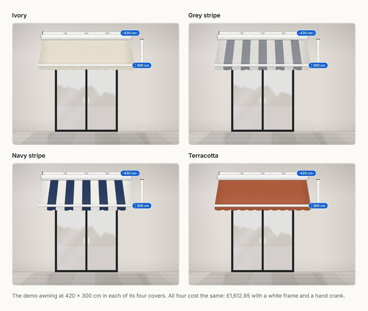 The Inchy demo awning drawn at 420 by 300 cm four times, in Ivory, Grey stripe, Navy stripe and Terracotta, with the note that all four cost the same, £1,612.95 with a white frame and a hand crank