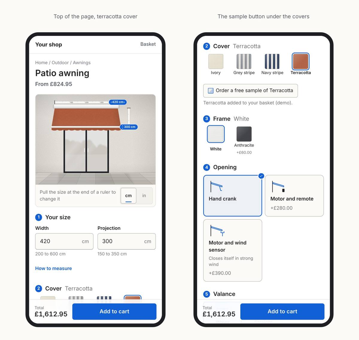 Two phone screens of the Inchy awning builder: the terracotta awning at the top of the page, and the cover step with the sample button for Terracotta and the note Terracotta added to your basket (demo), with the total of £1,612.95 and Add to cart fixed at the bottom