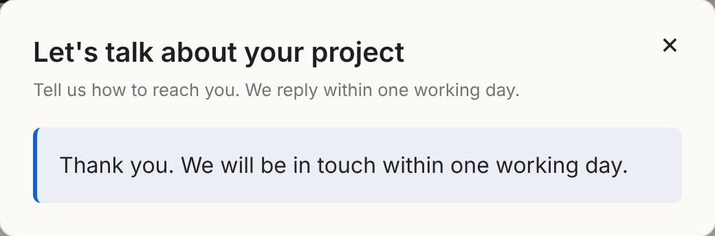 Inchy quote form after sending, with the message Thank you. We will be in touch within one working day