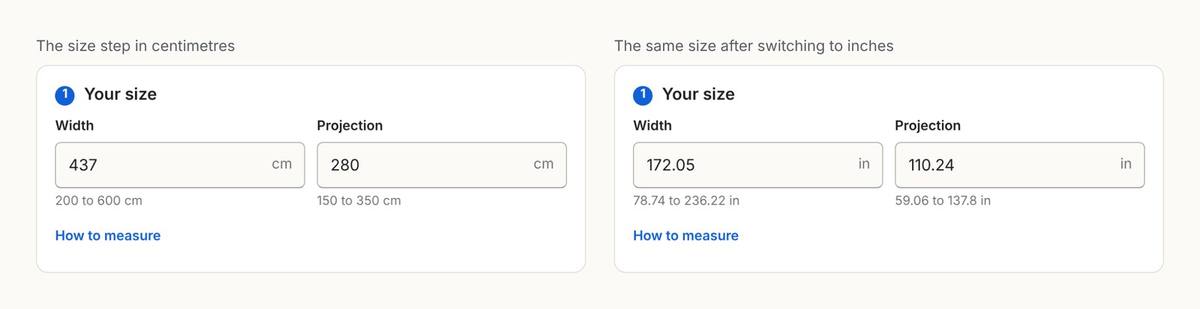 The Inchy size step twice: width 437 cm and projection 280 cm with limits 200 to 600 cm and 150 to 350 cm, and the same size after switching to inches, 172.05 by 110.24 in, with limits 78.74 to 236.22 in and 59.06 to 137.8 in