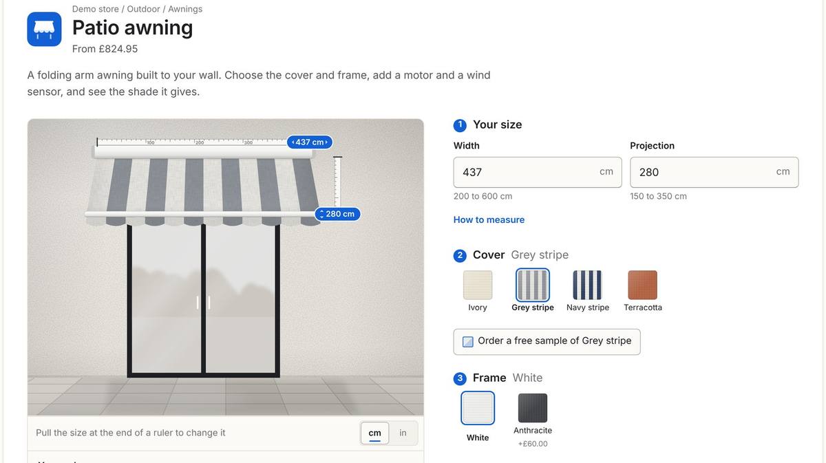 Inchy awning builder with a grey stripe patio awning drawn at 437 by 280 cm, the width and projection fields showing 437 and 280 cm with their limits, the cover swatches and a sample button, and the frame choices
