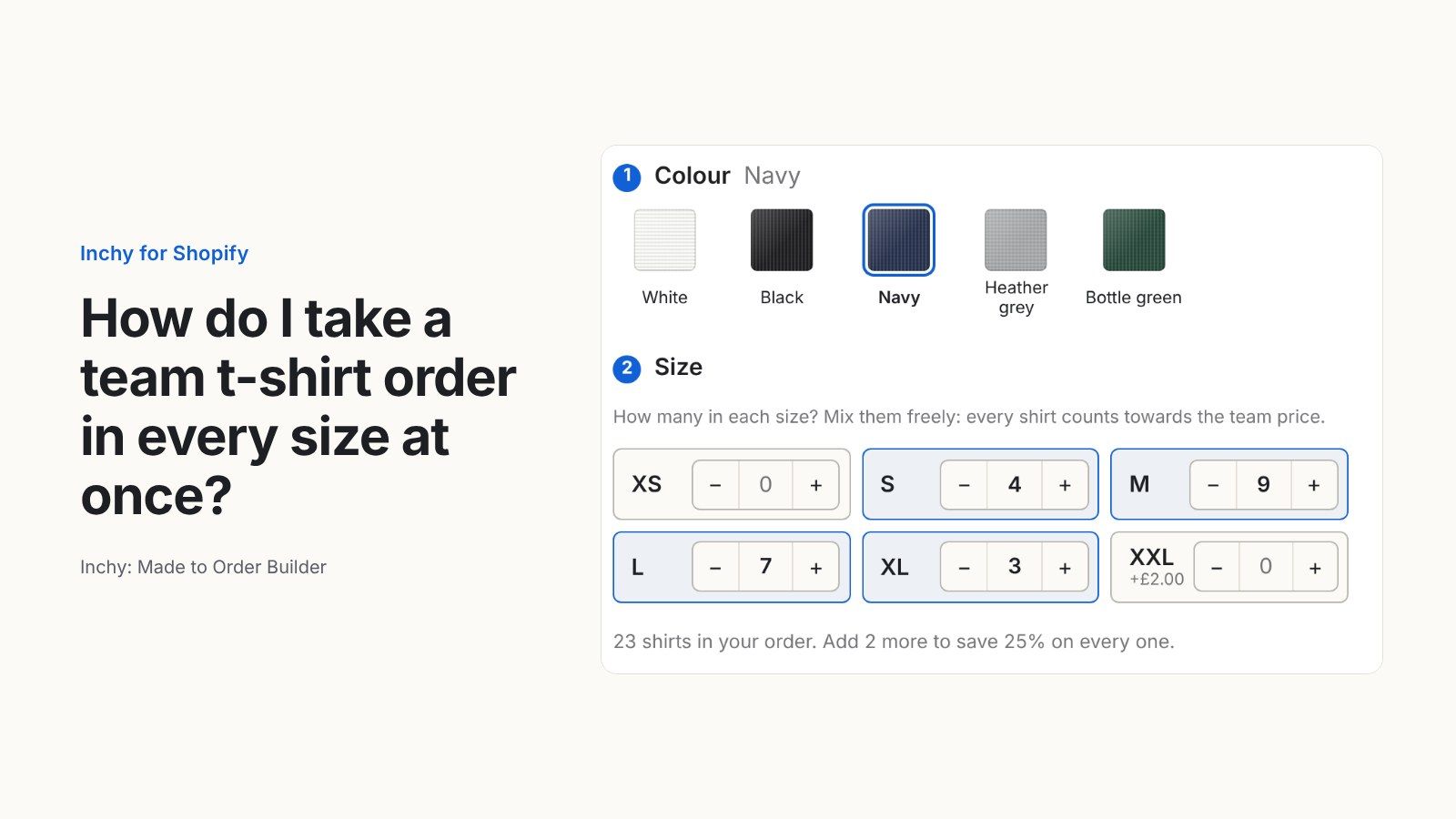 How can a Shopify store take a team t-shirt order in every size in one go?