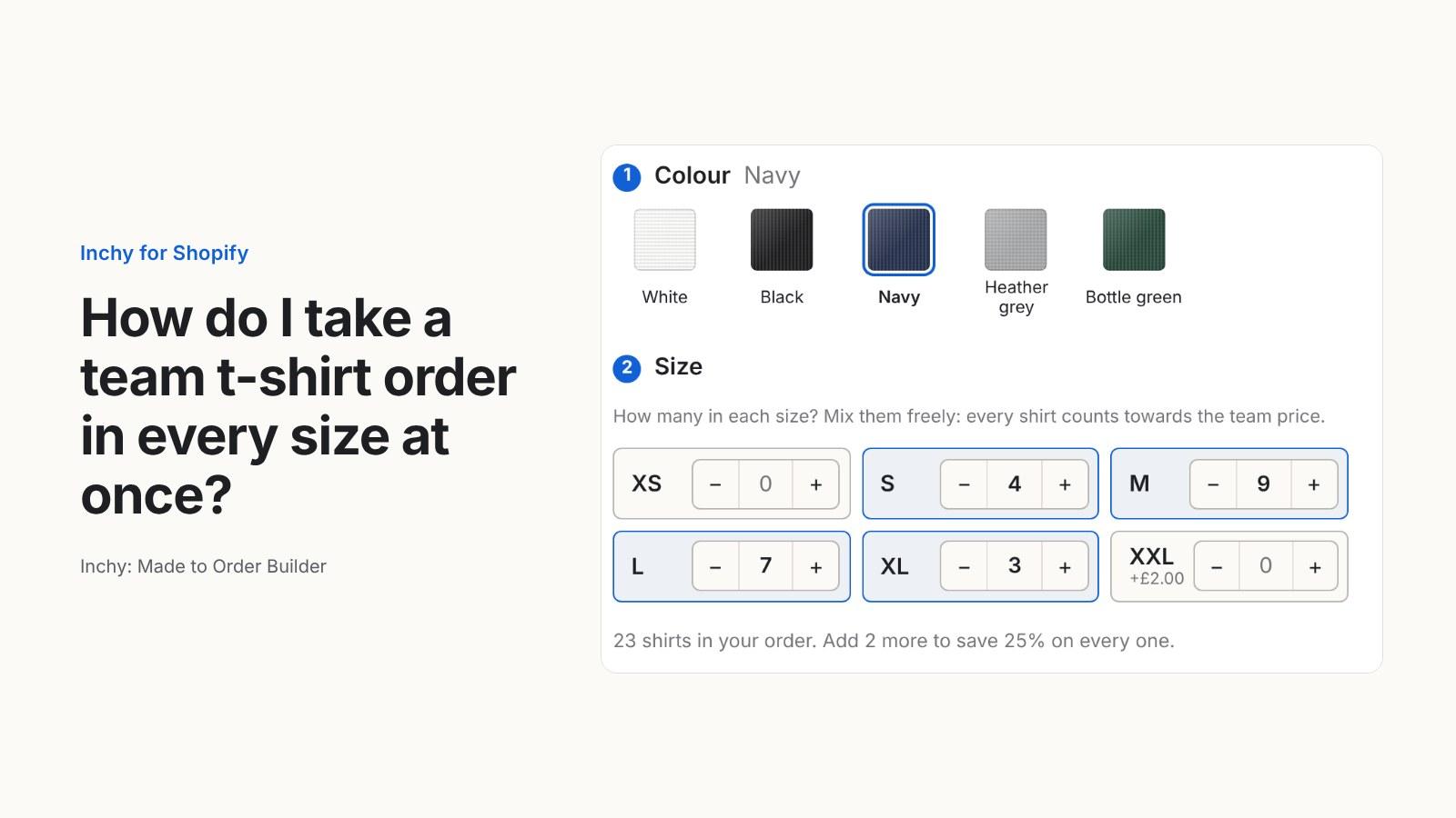How can a Shopify store take a team t-shirt order in every size in one go?