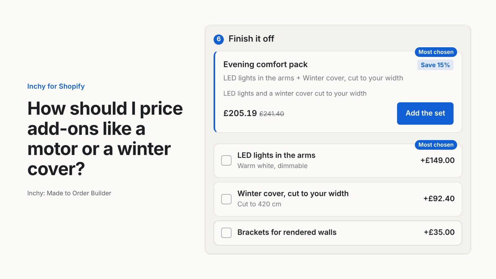How should an awning shop price add-ons like a motor or a winter cover on Shopify?