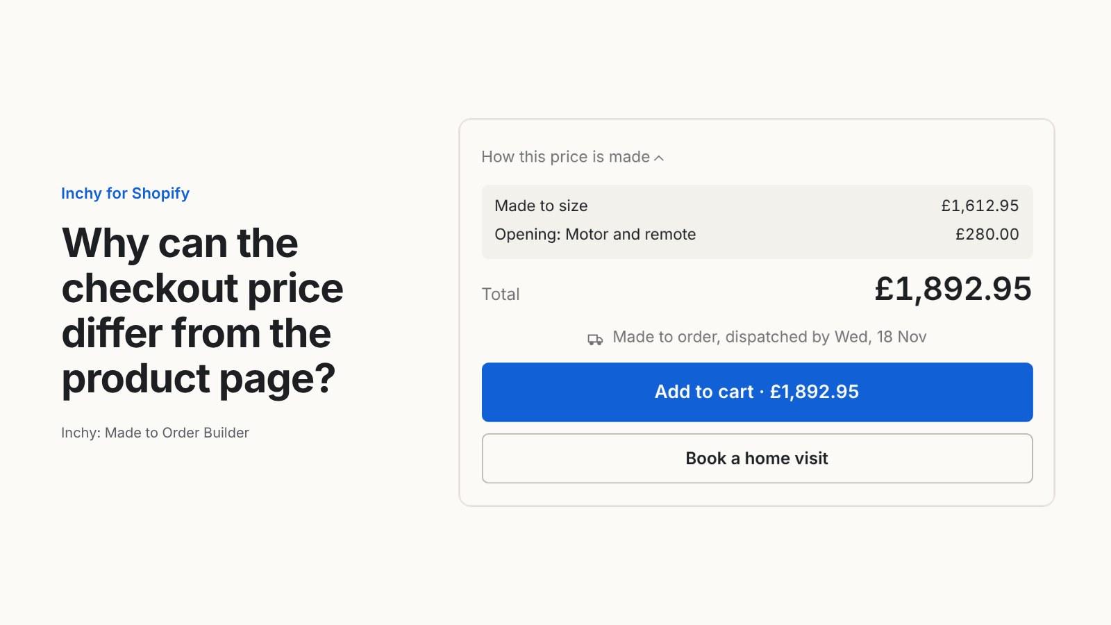 Why can the checkout price differ from the product page on Shopify, and how do made to order shops stop it?