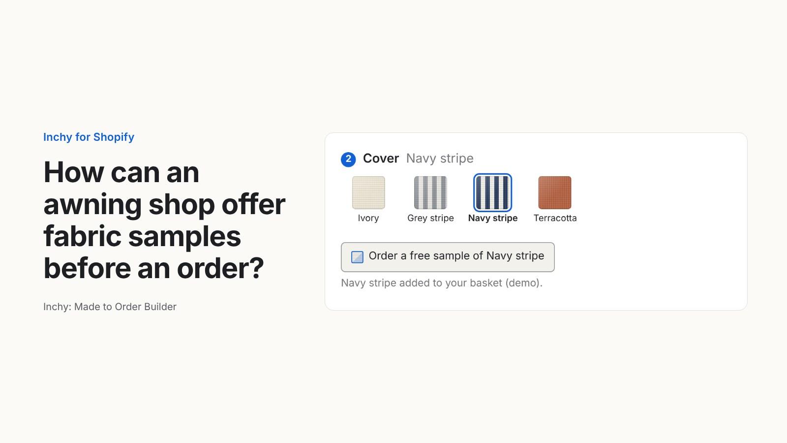 How can a Shopify awning shop offer fabric samples before a customer orders?